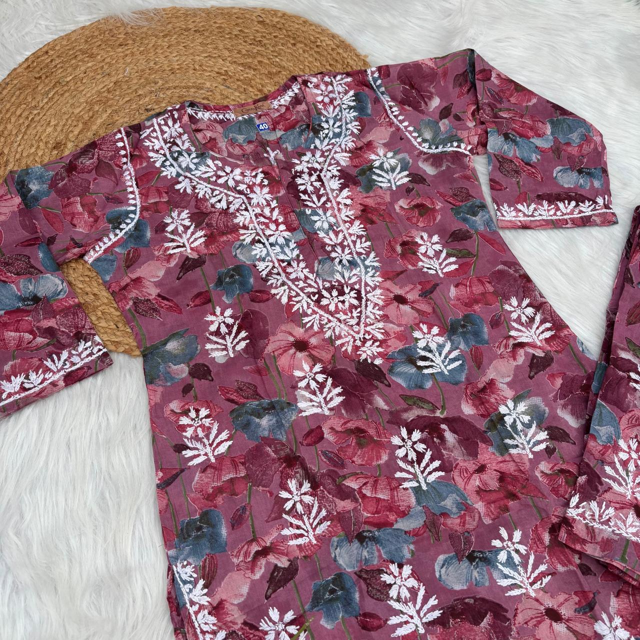 Jameela Mulmul Cotton Chikankari Kurti Set - Mauve Colour