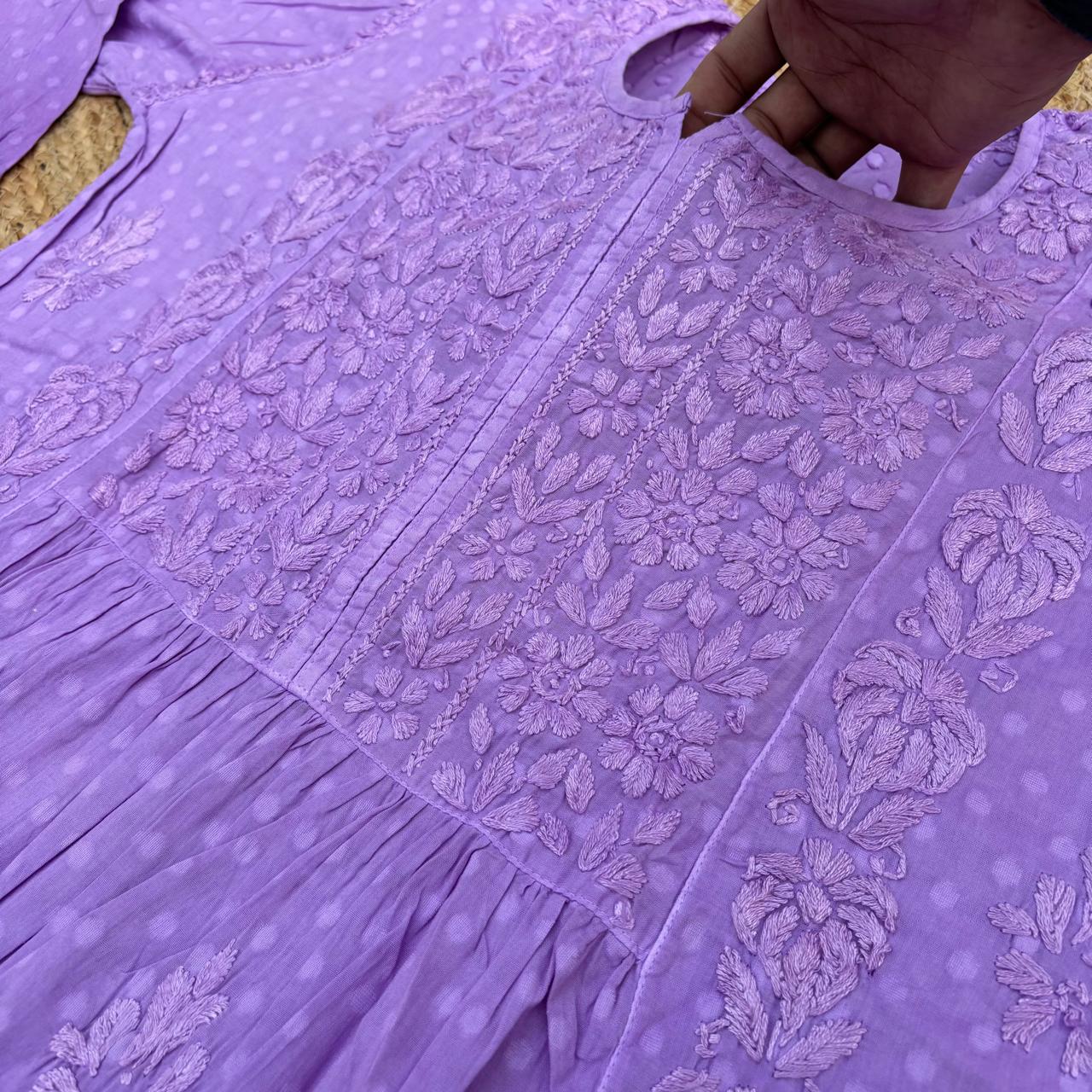 Aliya Dobby Cotton Nyra Cut Chikankari Aline Kurti - Purple Colour