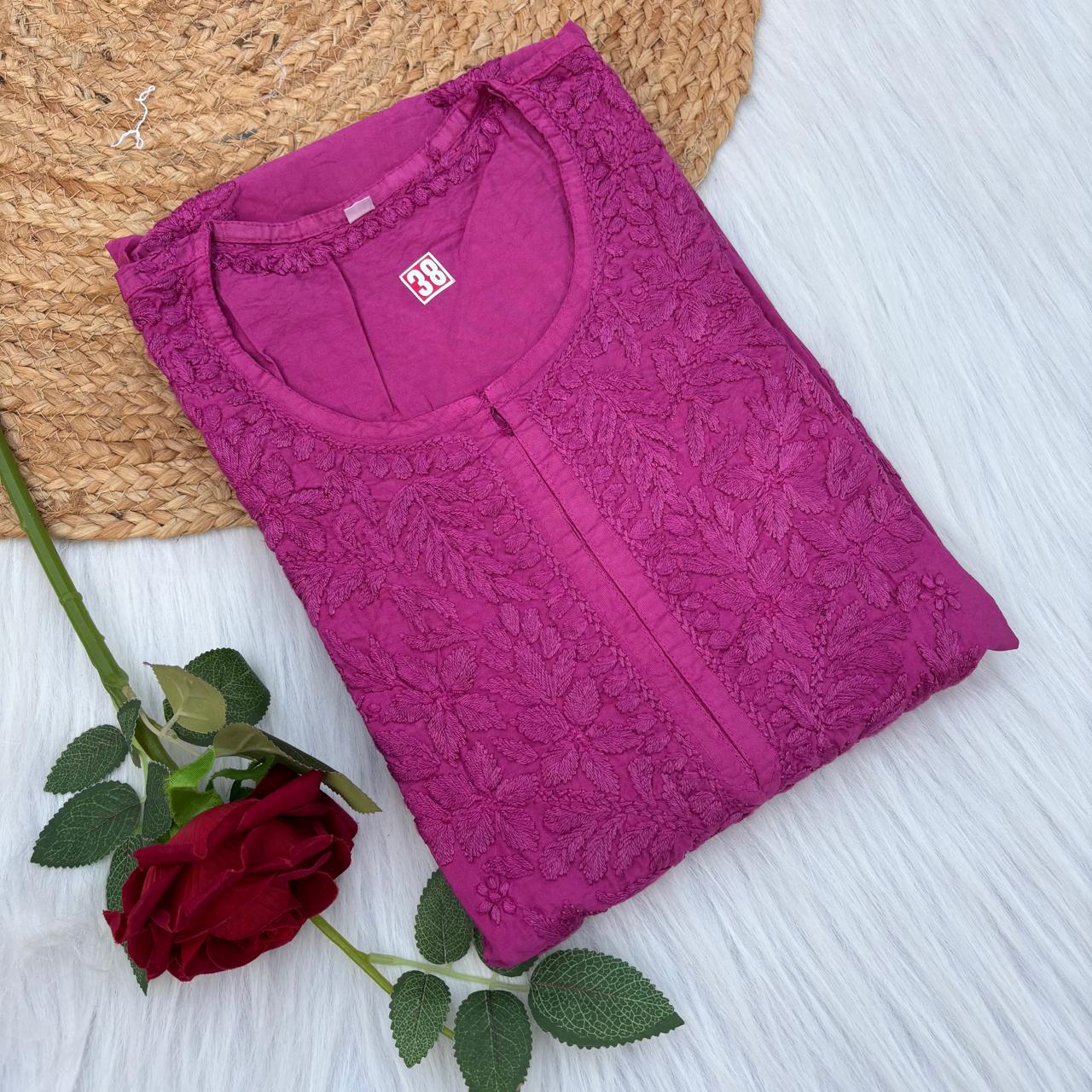 Zooni Chanderi Lucknowi Chikankari Dyed Kurti -Rani colour