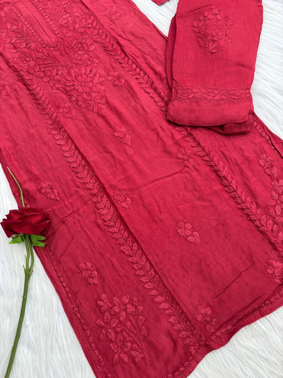 Nadia Muslin Lucknowi Chikankari Kurti Pant Set -  Brick Red Color