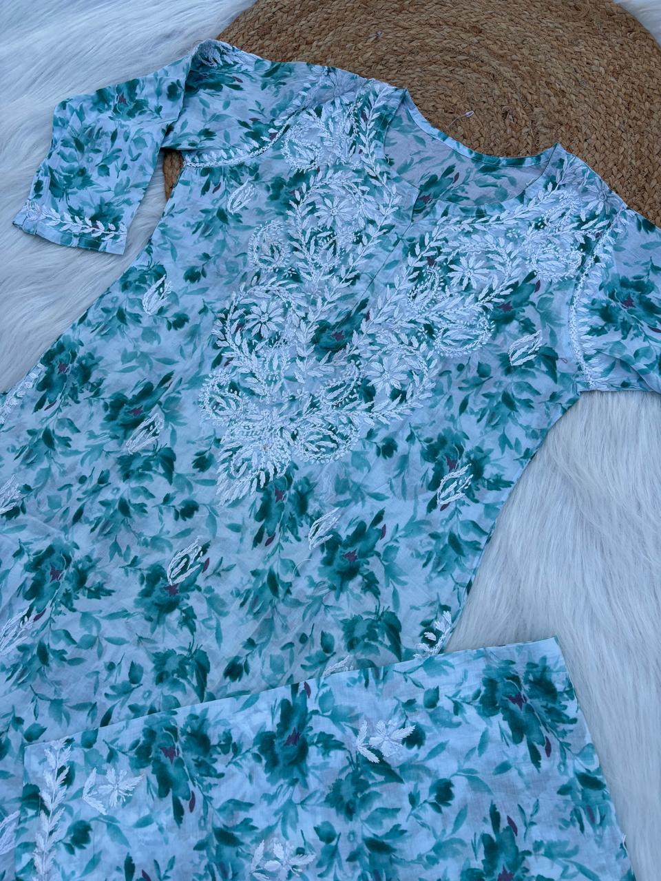Hadaya Mulmul Cotton Chikankari Kurti Set - Sea Green Colour