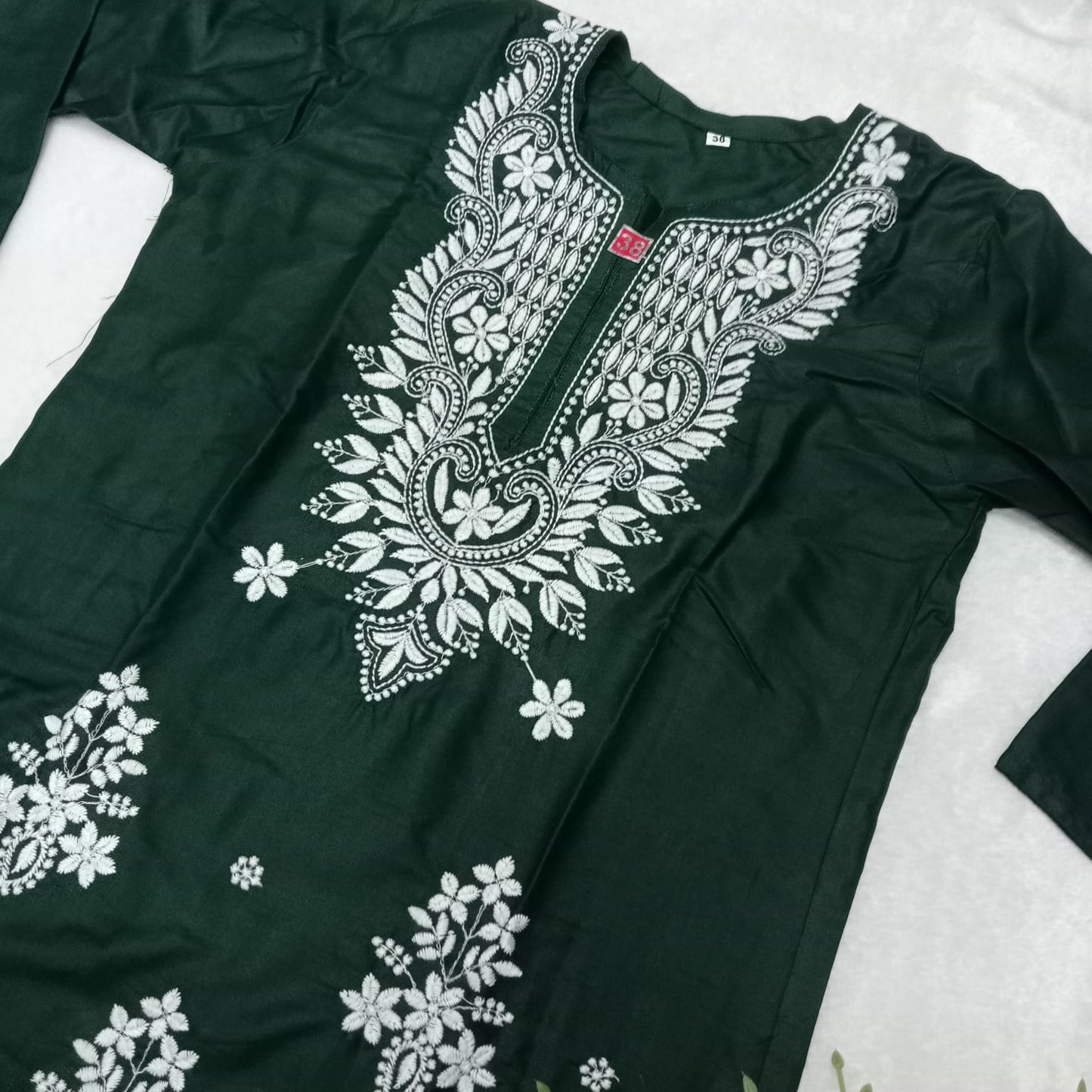 Rayon Chikankari Machine Work  Kurti Plazo Set- Dark Green Colour