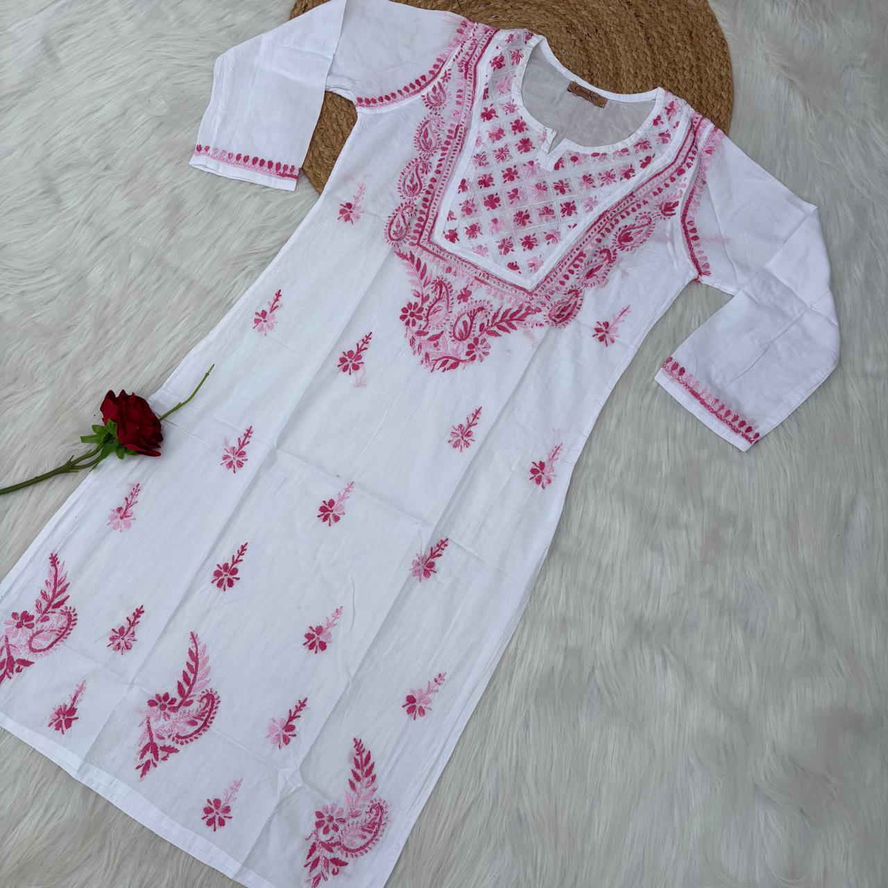 Zoya Cotton Lucknowi Chikankari Kurti - White Pink Color