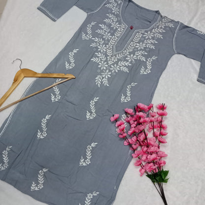 Pure Rayon Chikankari Ghas Patti Work Kurti -Grey Colour