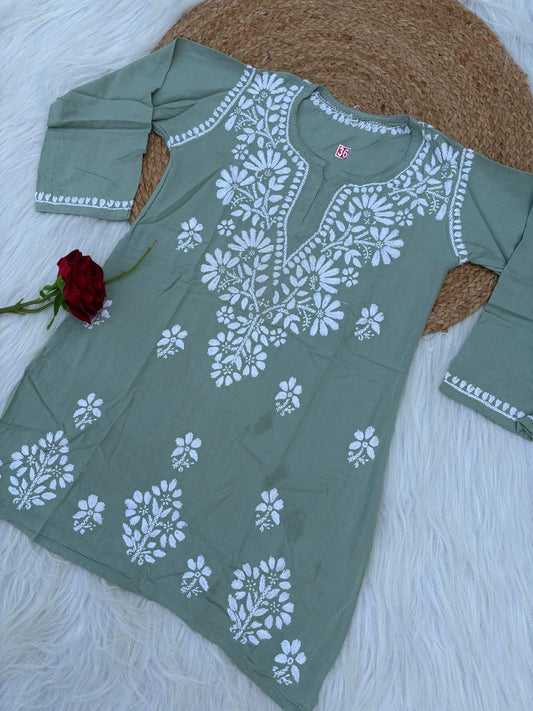 Ina Soft Rayon Handwork Chikankari Short Kurti - Pista Colour