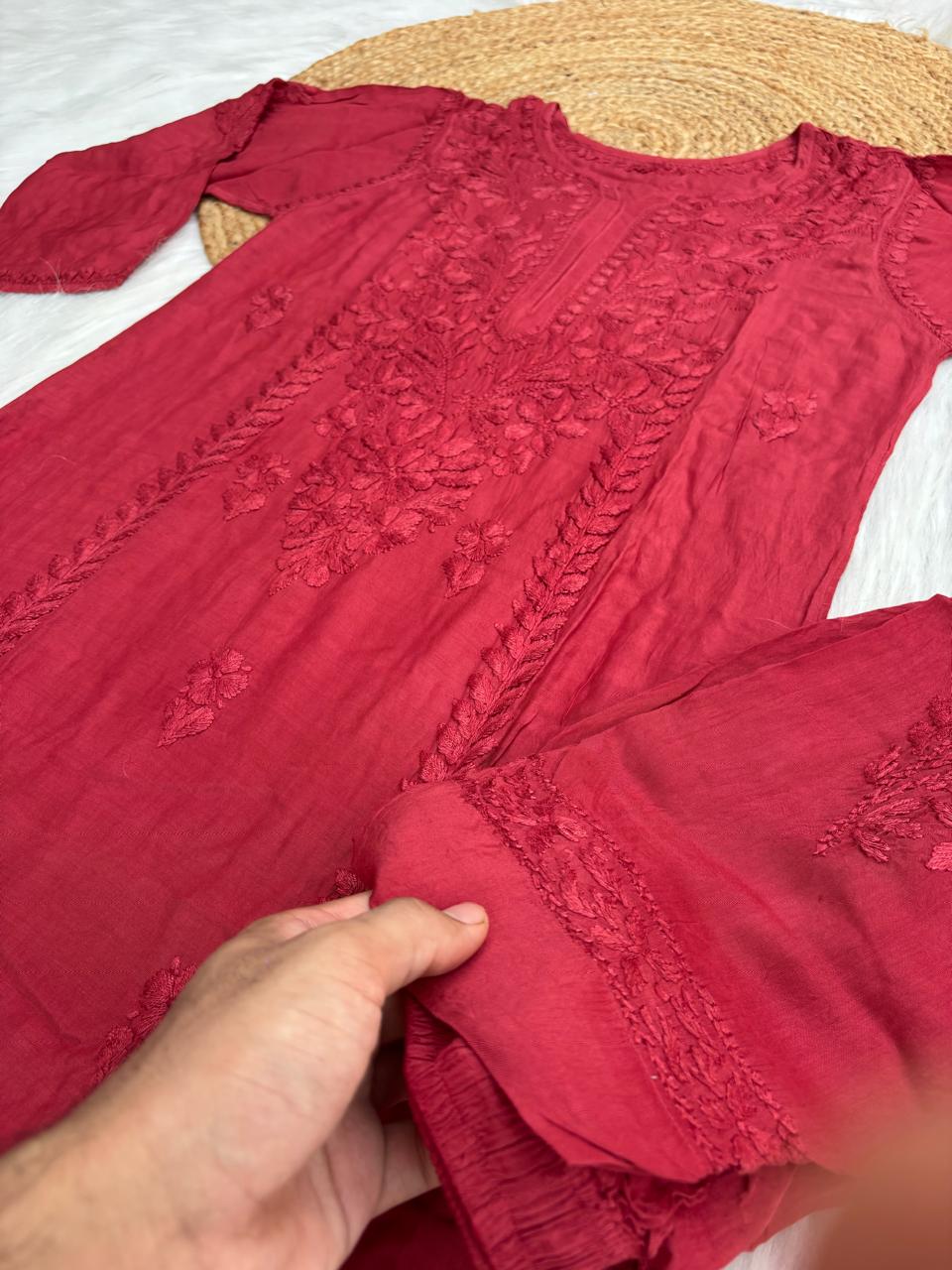 Nadia Muslin Lucknowi Chikankari Kurti Pant Set -  Brick Red Color
