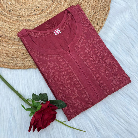 Tuba Ombre Shaded Dobby Cotton Chikankari Kurti - Brick Red Colour
