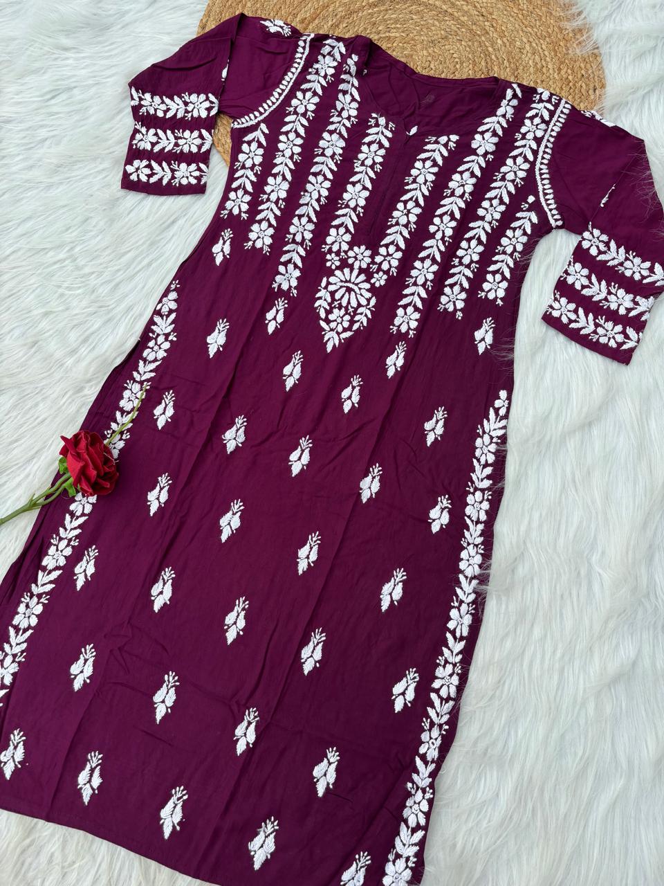 Zoobia Soft Rayon Handwork Chikankari Kurti - Wine Colour