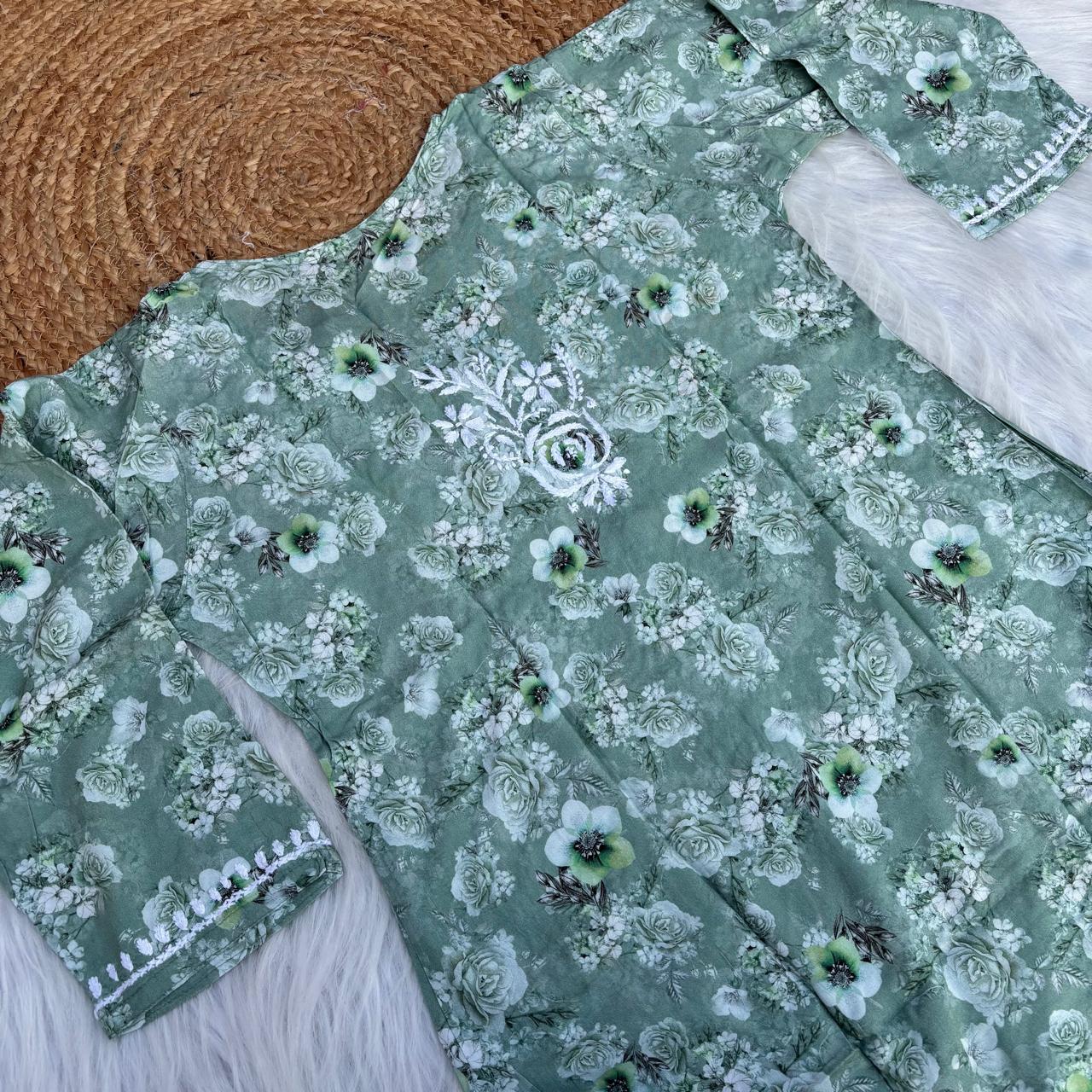 Hina Rayon Rose work Lucknowi Chikankari kurti - Green Colour