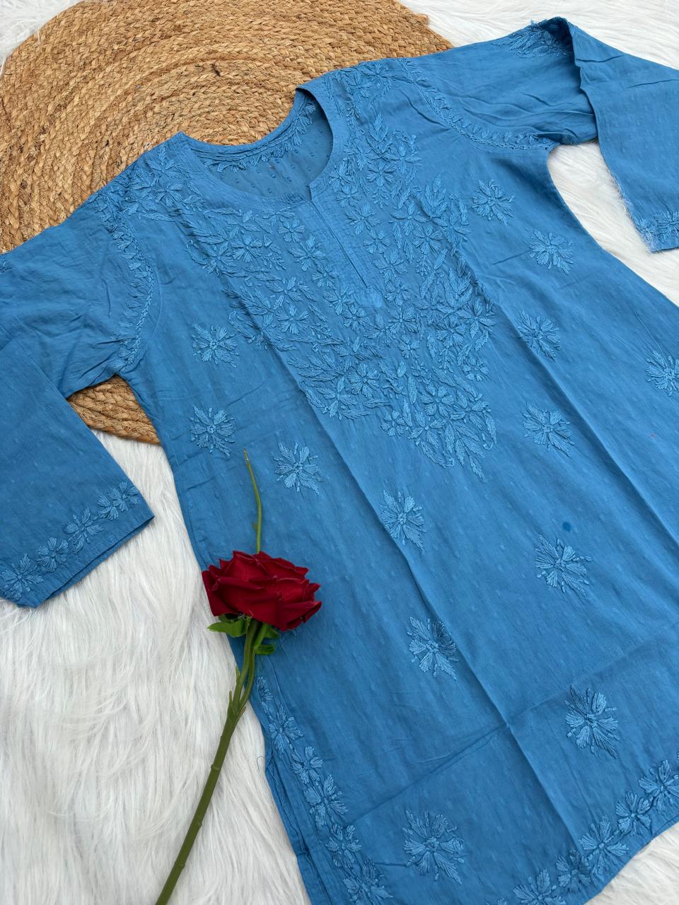 Ziva Soft Dobby Cotton Lucknowi Handwork Chikankari Short Kurti - Blue Colour