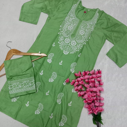 Rayon Chikankari Machine Work  Kurti Plazo Set- Green  Colour