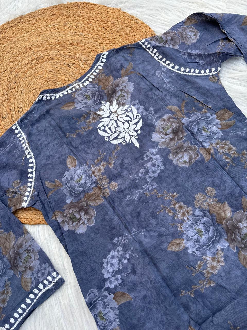 Zaina Pure Mulmul Chikankari Handwork Kurti - Grey Colour