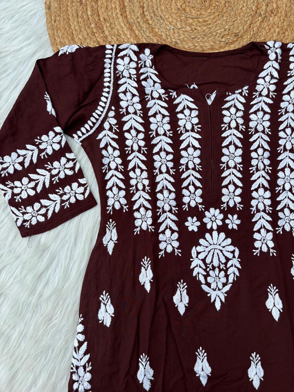 Zoobia Soft Rayon Handwork Chikankari Kurti - Brown Colour
