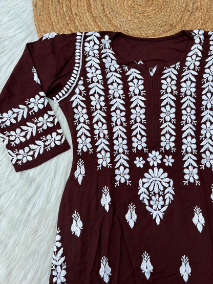 Zoobia Soft Rayon Handwork Chikankari Kurti - Brown Colour