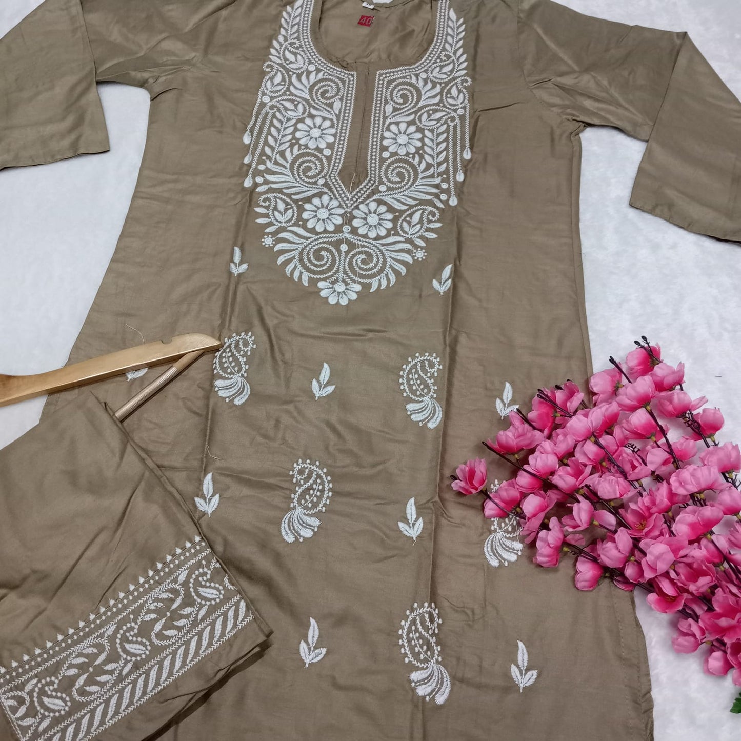 Rayon Chikankari Machine Work  Kurti Plazo Set- Brown Colour