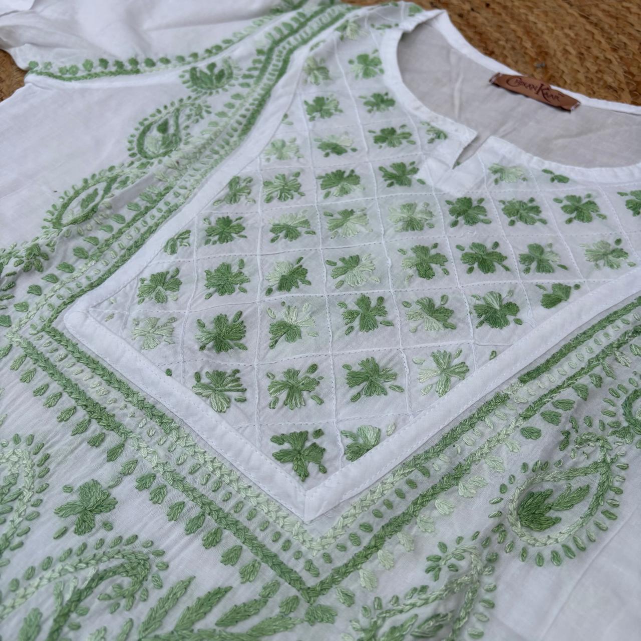 Zoya Cotton Lucknowi Chikankari Kurti - Parrot Green Color