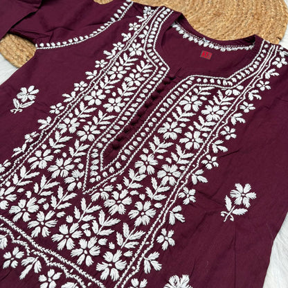 Shanaya Pure Cotton Chikankari Kurti Wine Colour