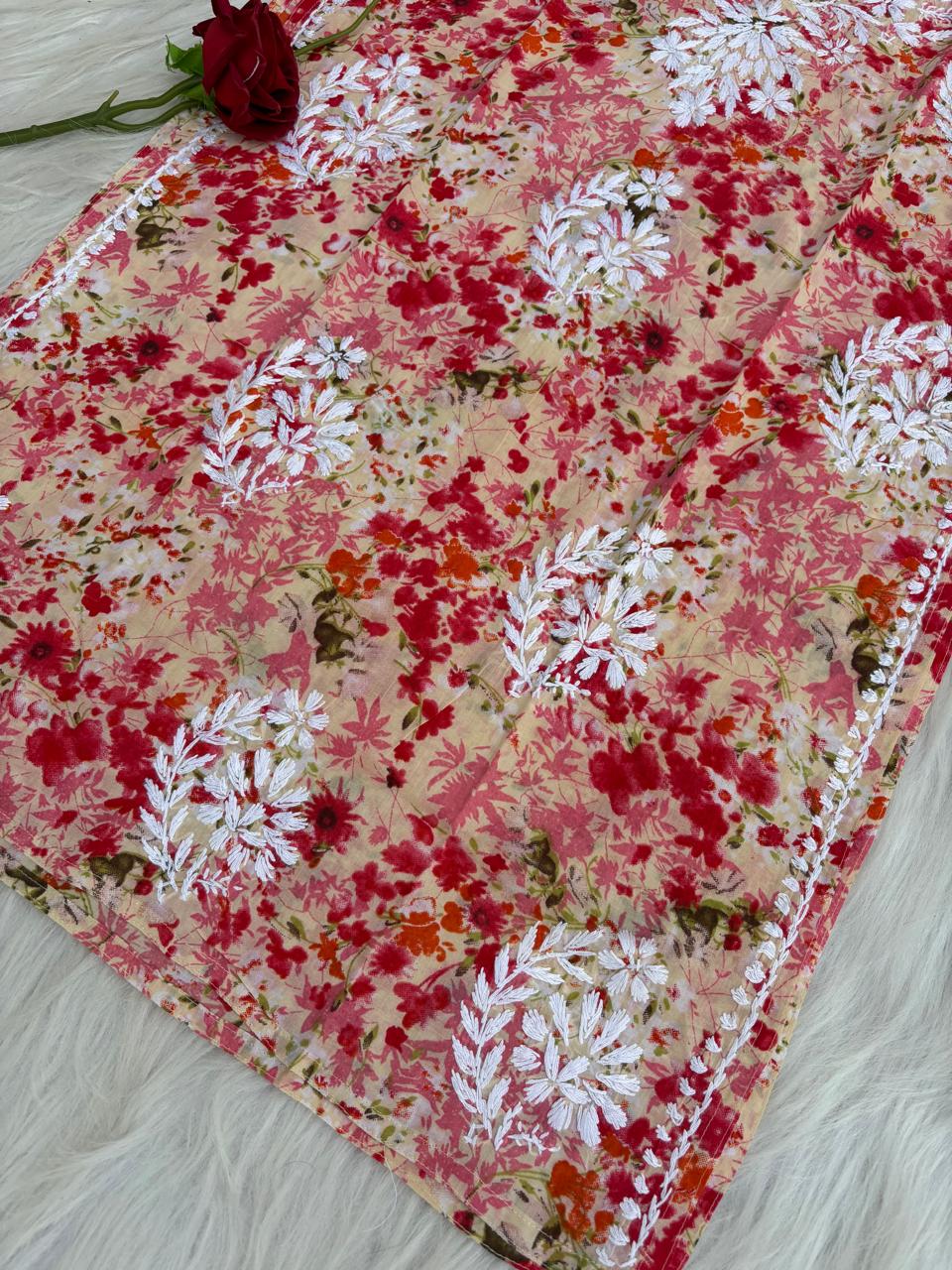 Fatima Pure Mulmul Chikankari  Handwork Kurti - Red Colour
