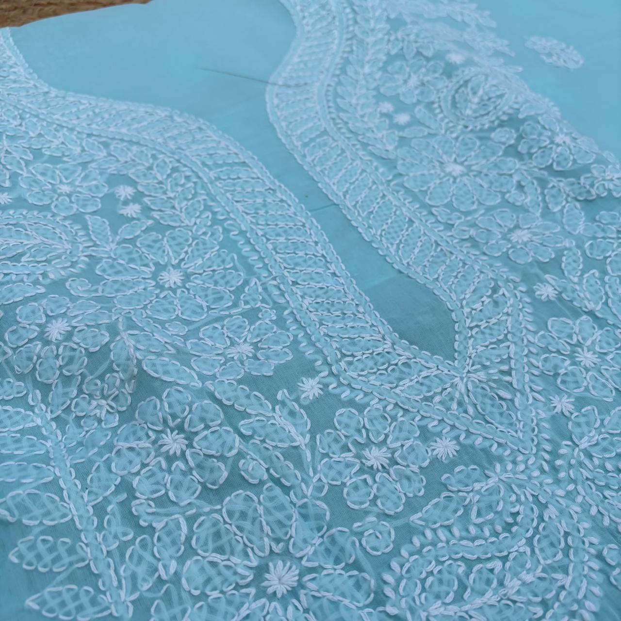 Madhuri Voile Cotton Chikankari Unstitched 3 pc set - Blue Colour