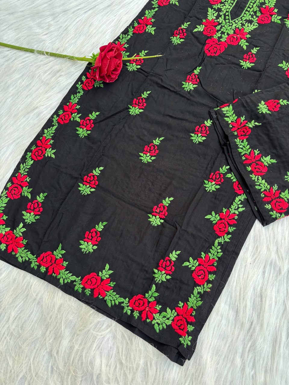 Rayon Handwork Chikankari Kurti Set - Red Colour