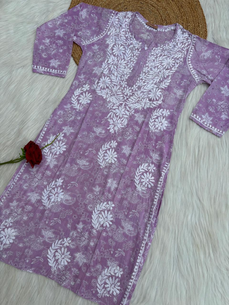 Sameera Pure Mulmul Chikankari Handwork Kurti - Lavender Colour