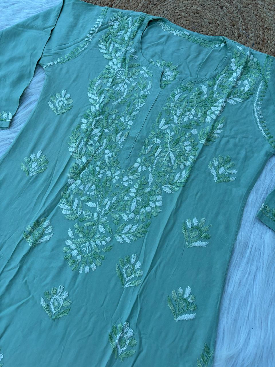 Roohi Rayon Tone To Tone Lucknowi Handwork Chikankari Kurti - Pista Color