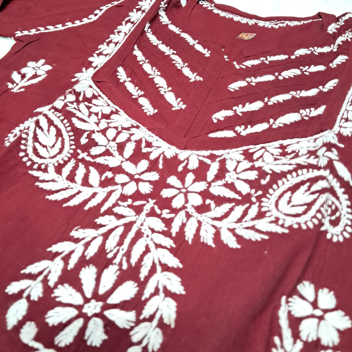 Adiva Pure Cotton Chikankari Handwork Kurti - Maroon Colour