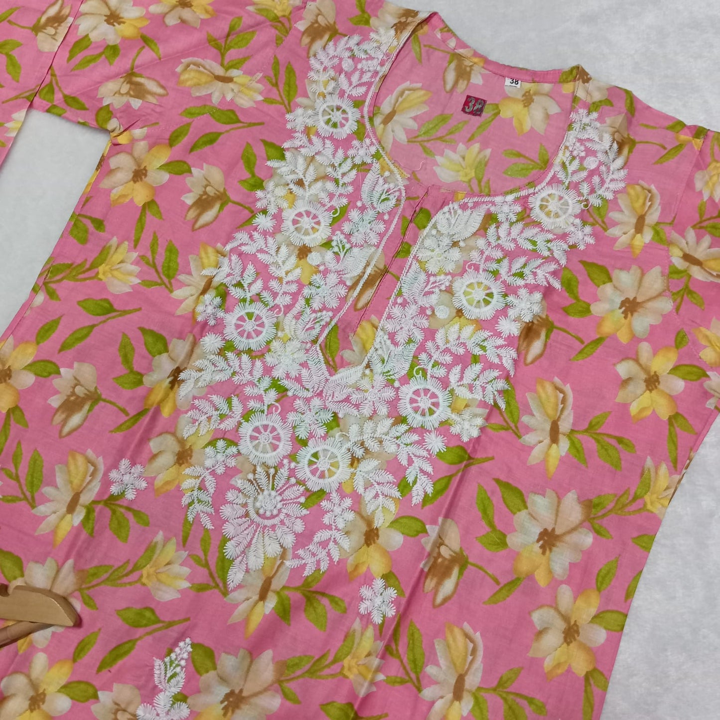 Mulmul Cotton Chikankari Machine Work Kurti -  Pink Colour