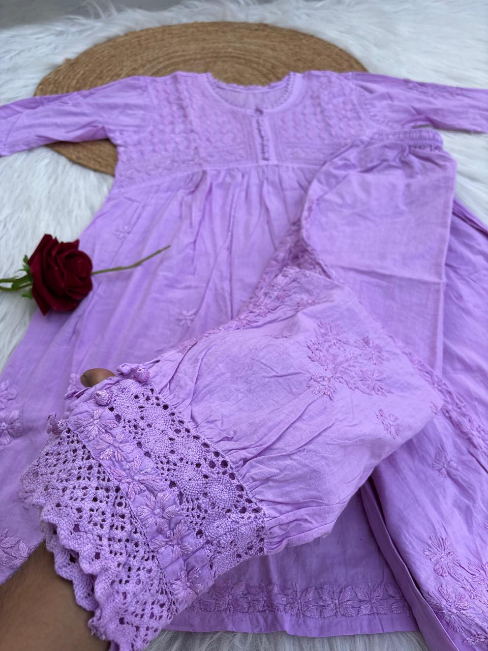 Laila Dobby Cotton Frock Style Short Kurti with Afghani Pant - Purple Color