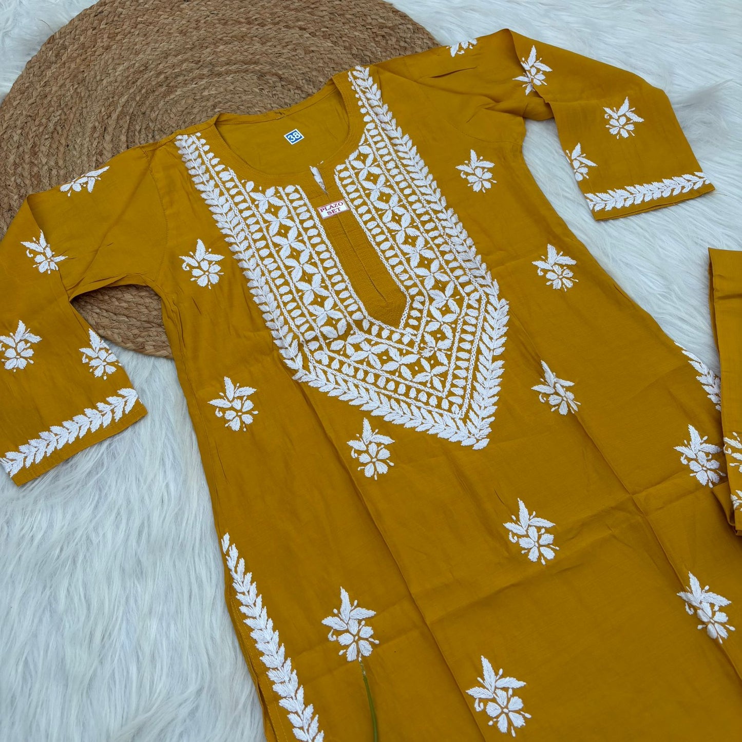Afana Silk Chikankari Kurti Plazo set Yellow Colour