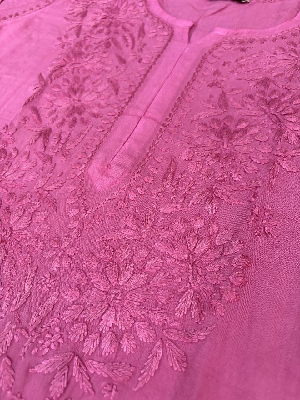 Rabab Dyeable Soft Rayon Handwork Chikankari Kurti - Mauve Pink Colour