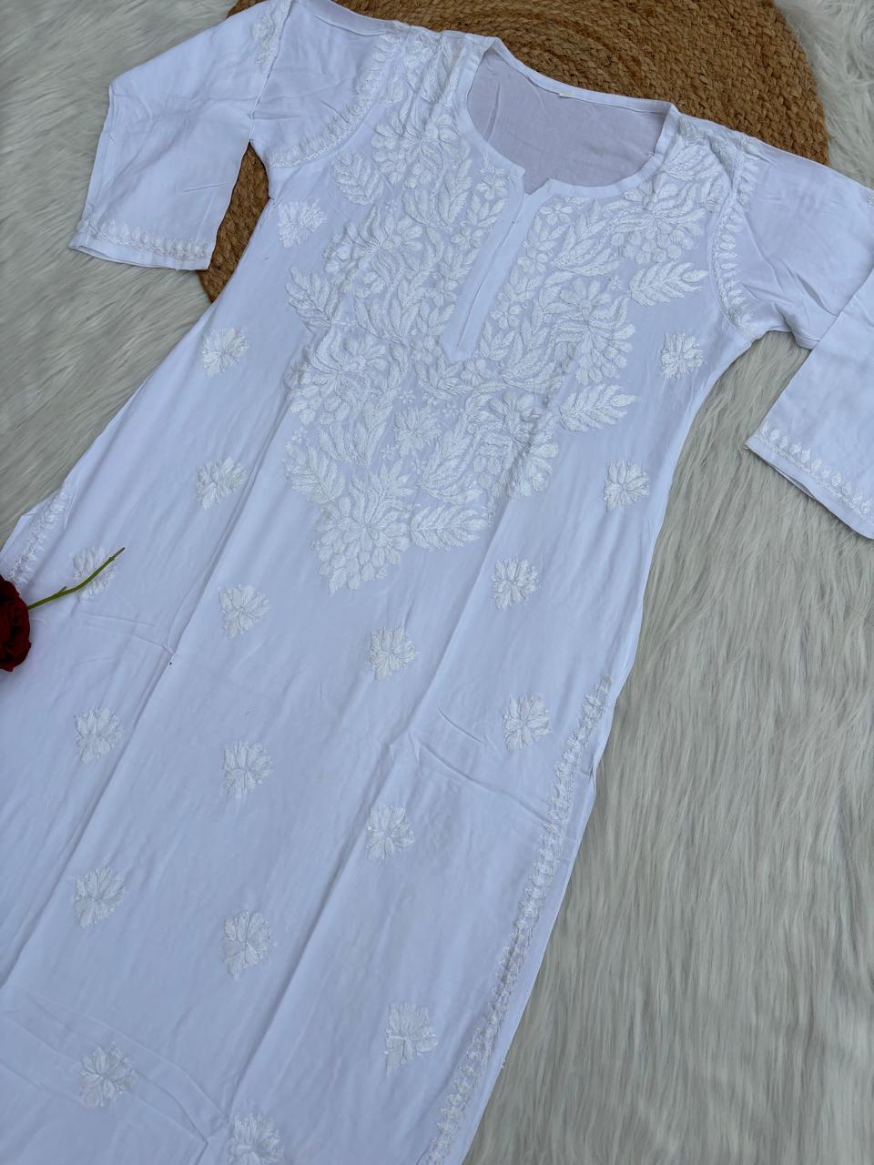 Simar Soft Rayon Handwork Chikankari Kurti- White Colour
