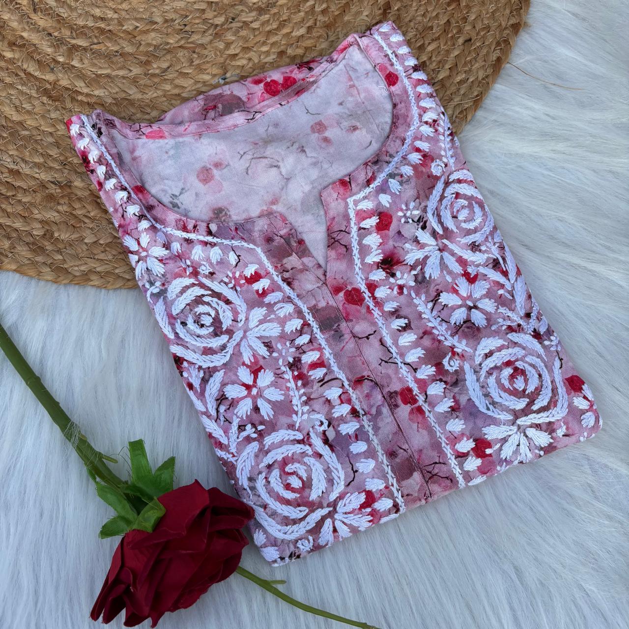 Hina Rayon Rose work Lucknowi Chikankari kurti - Blush Colour