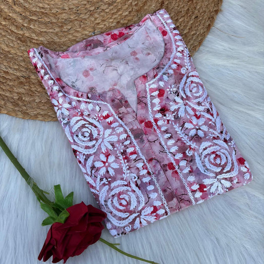 Hina Rayon Rose work Lucknowi Chikankari kurti - Blush Colour