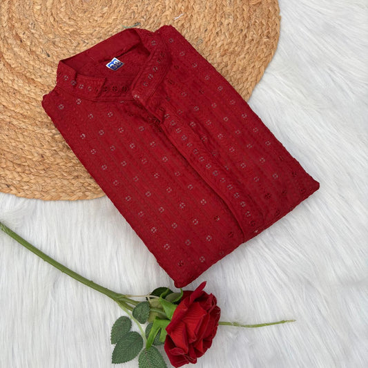 Ayaan Mens Cotton Chikankari Kurta - Maroon colour
