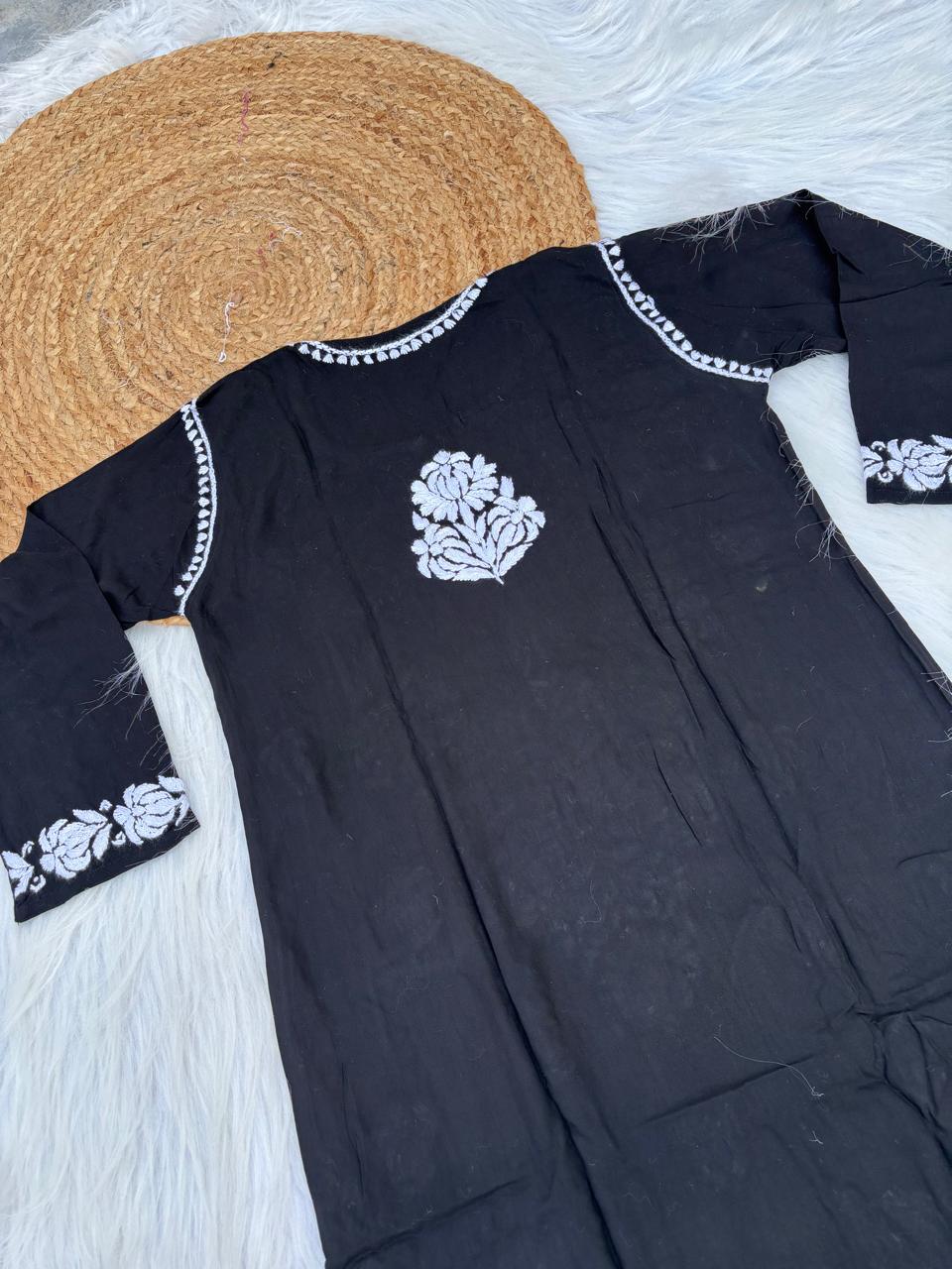 Rida Rayon Handwork Chikankari Kurti Set -Black White Colour