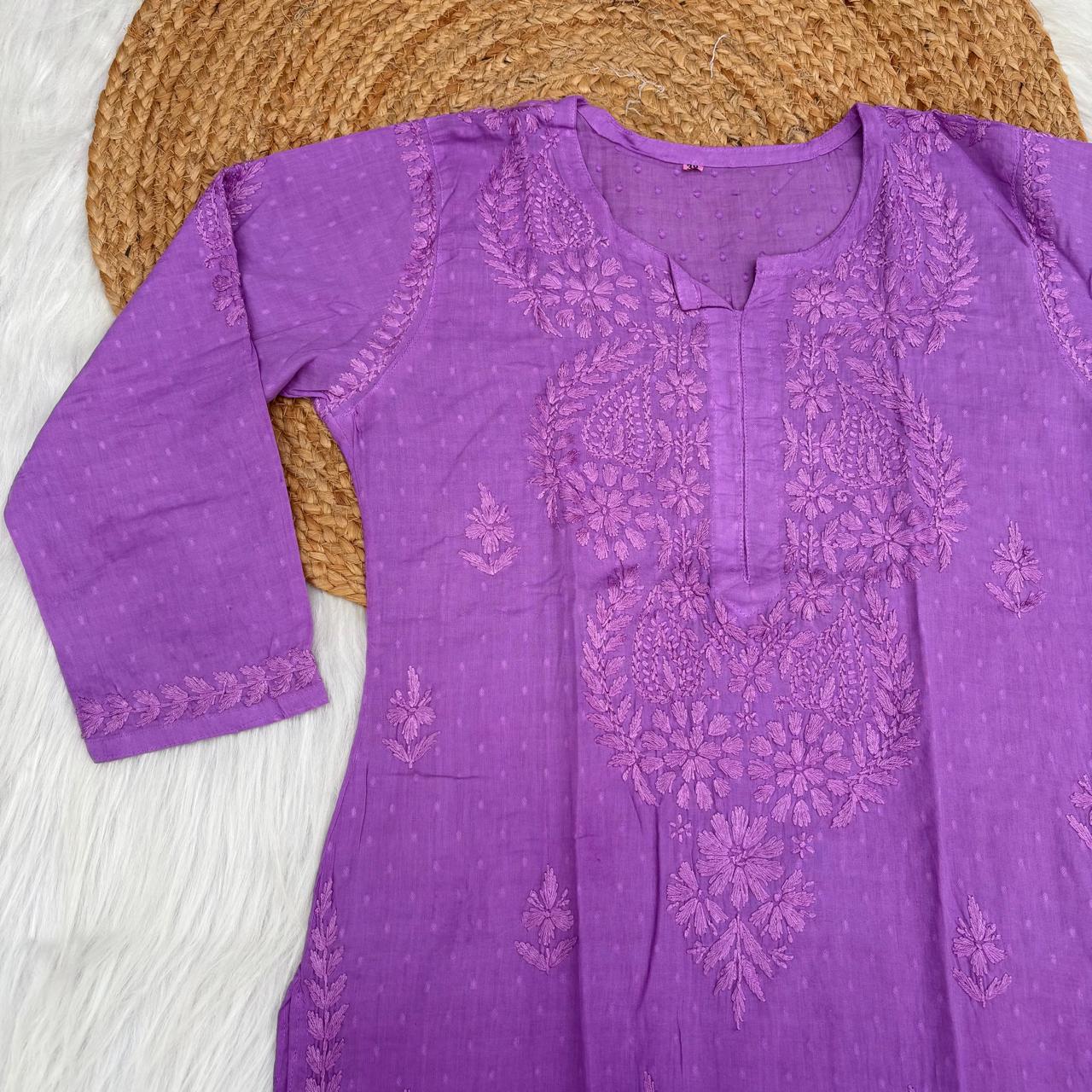 Nuha Dobby cotton Ombre shaded Lucknowi Chikankari Kurti Plazo Set - Purple Colour