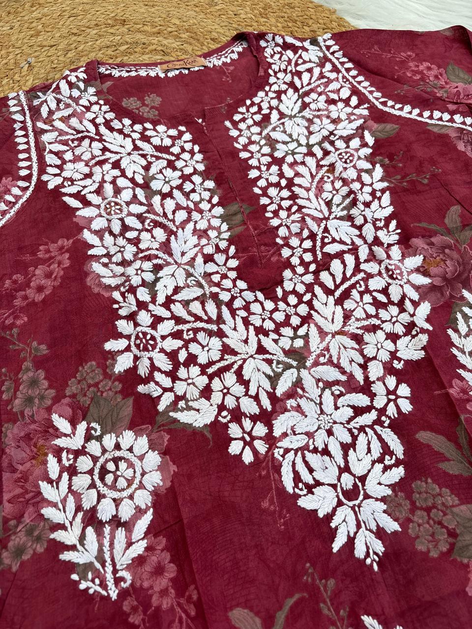 Zaina Pure Mulmul Chikankari Handwork Kurti - Red Colour