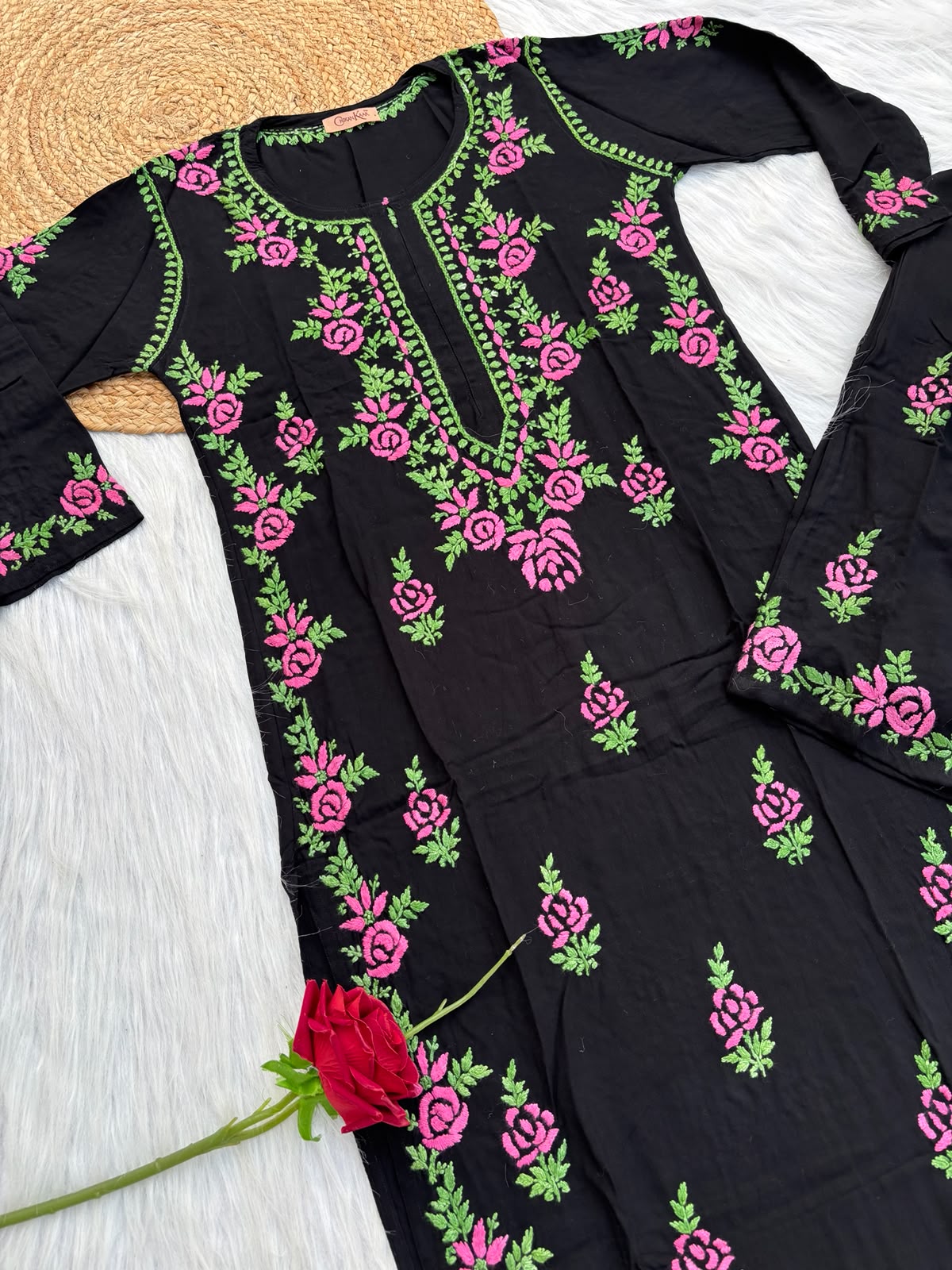 Sabah Rayon Handwork Chikankari Kurti Set - Pink Colour