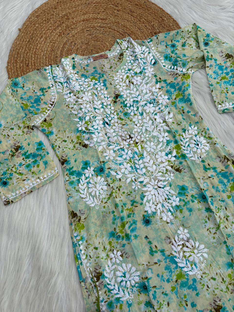 Fatima Pure Mulmul Chikankari  Handwork Kurti - Sea Green Colour
