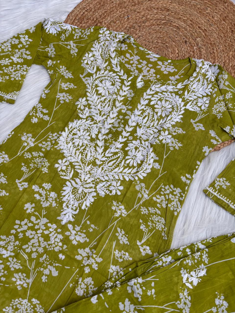 Jiya Mulmul Cotton Handwork Chikankari Kurti Set - Green Colour
