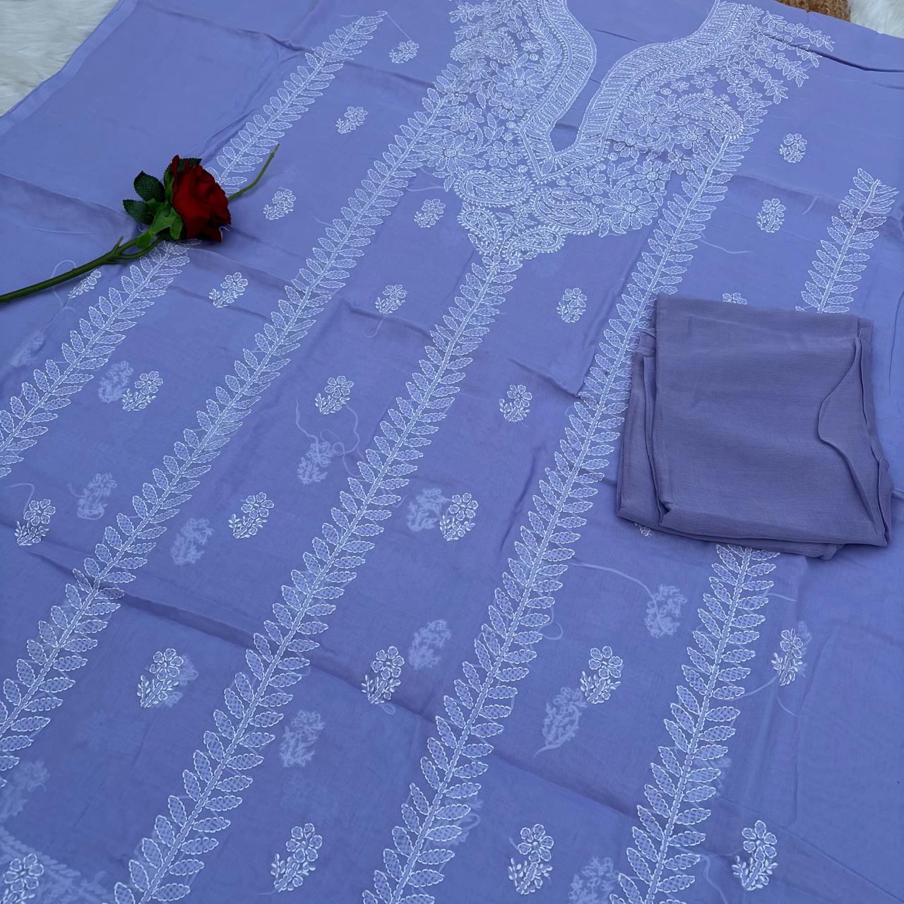 Madhuri Voile Cotton Chikankari Unstitched 3 pc set - Purple Colour