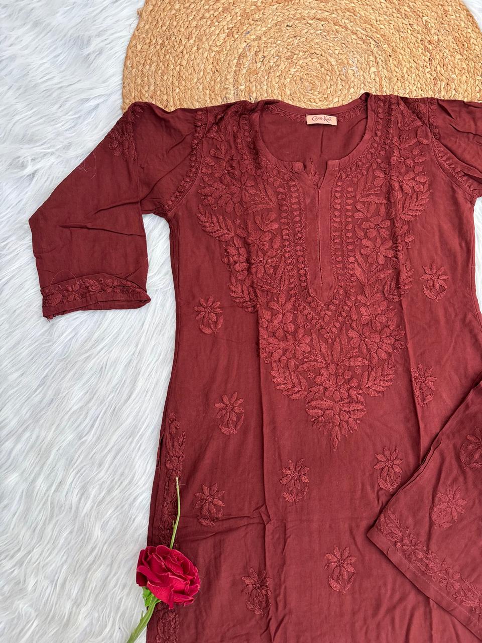 Azra Soft Rayon Dyeable Handwork Chikankari kurti Set - Brown Colour