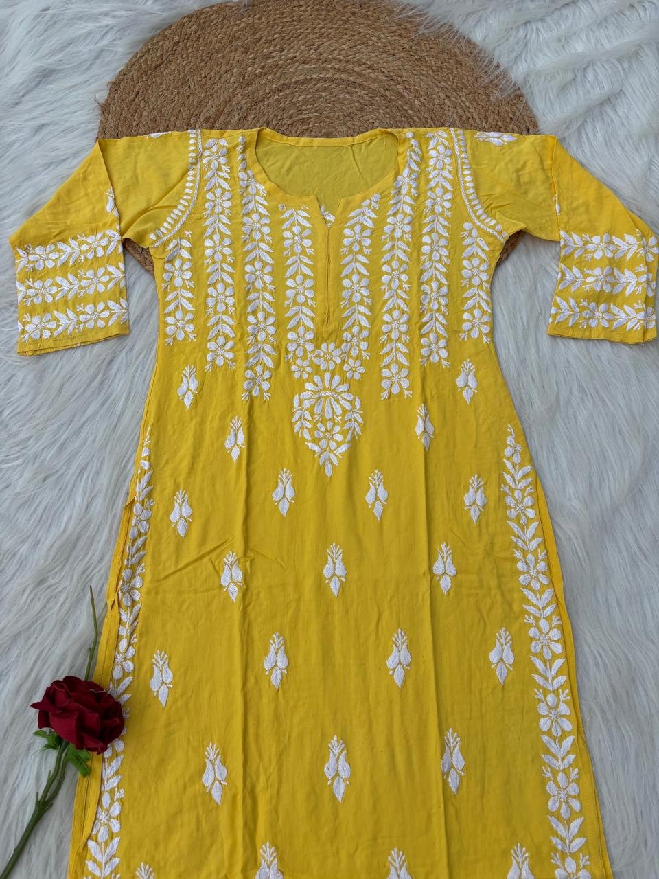 Zoobia Soft Rayon Handwork Chikankari Kurti - Yellow Colour