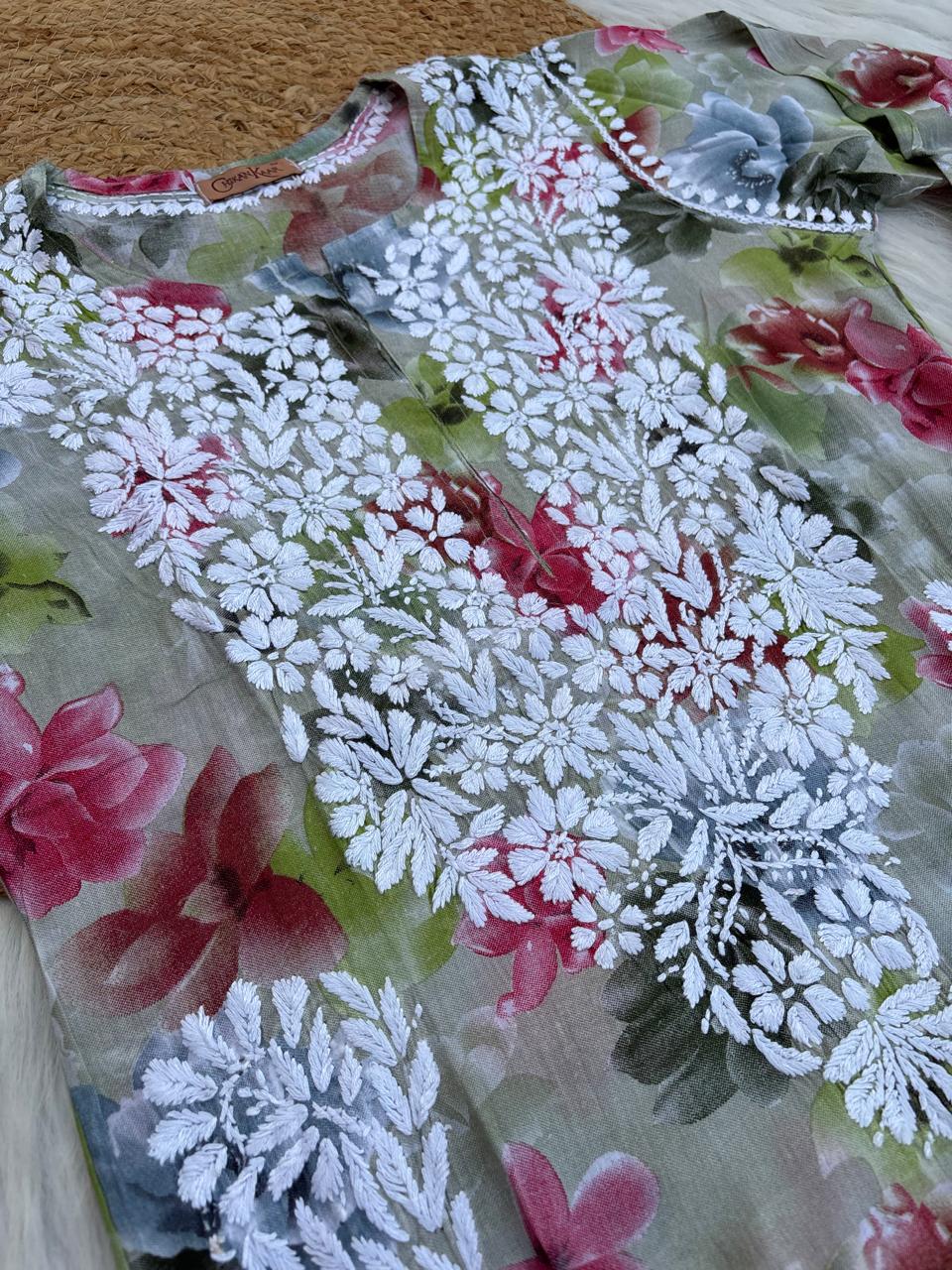 Najma Pure Mulmul Chikankari Handwork Kurti - Parrot Green Colour