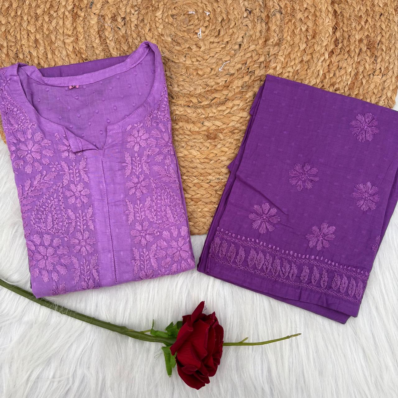 Nuha Dobby cotton Ombre shaded Lucknowi Chikankari Kurti Plazo Set - Purple Colour