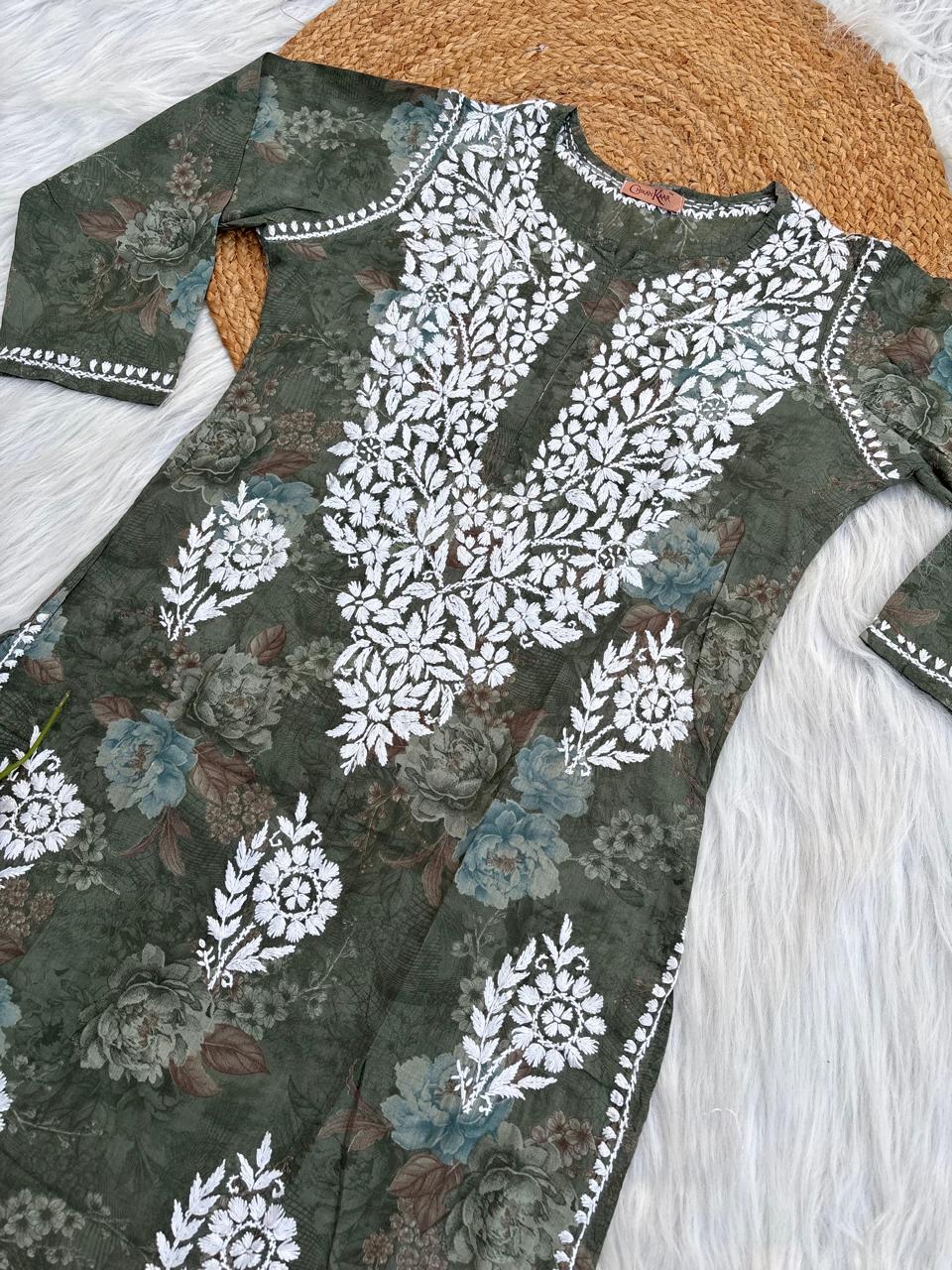 Zaina Pure Mulmul Chikankari Handwork Kurti - Dark Green Colour