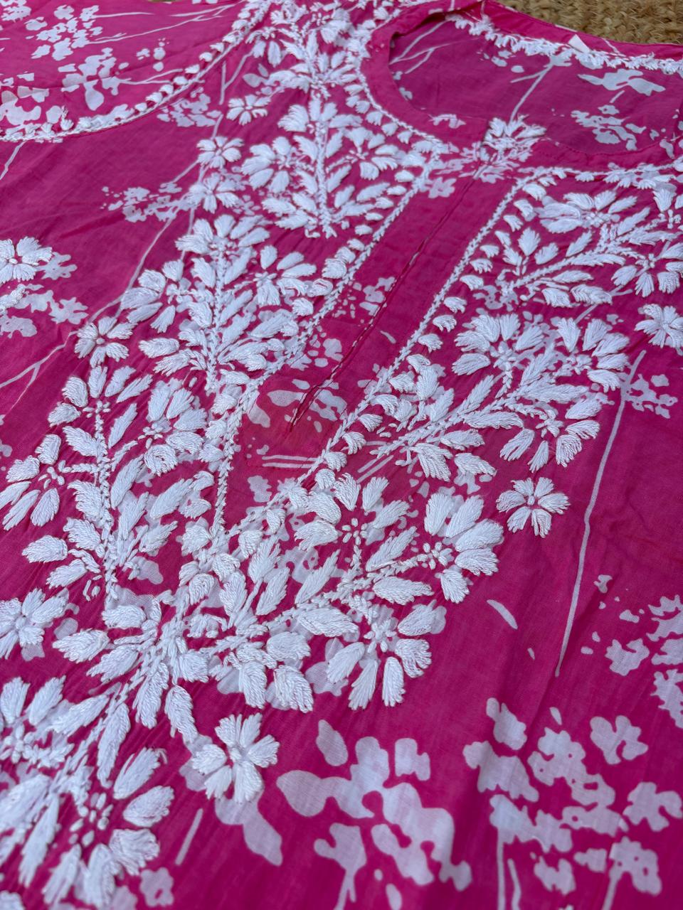 Sidra Pure Mulmul Chikankari Handwork Kurti - Pink Colour