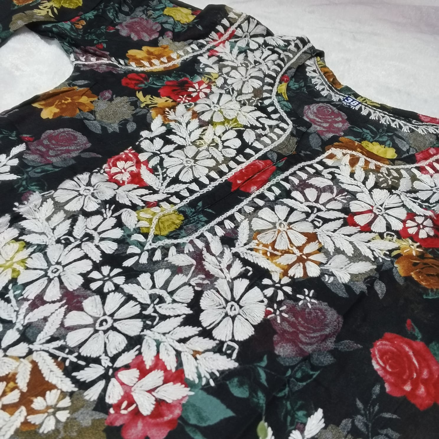 MULMUL FLORAL PRINTED CHIKANKARI KURTI - BLACK COLOUR - chikankaar