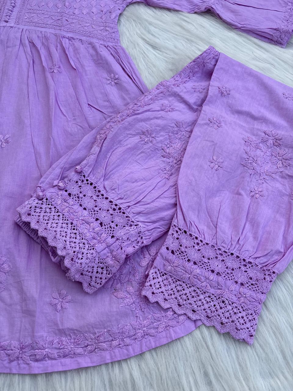 Laila Dobby Cotton Frock Style Short Kurti with Afghani Pant - Purple Color